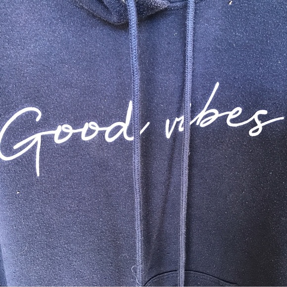 Good Vibes Hoody Kangaroo Pocket Navy SzL Drawstring Pullover Banded Cuffs/Hem - Picture 3 of 10